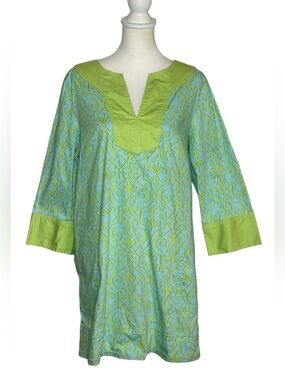 Lilly & Van Green Aqua damask Patterned Tunic Dress EUC Sz L Resortwear Beach